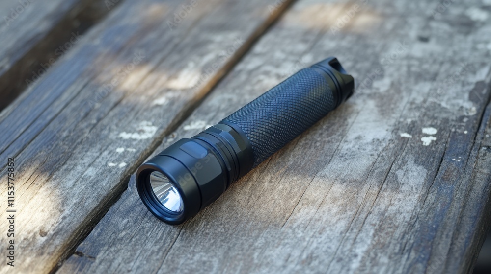 Outdoor adventure gear: sleek black flashlight on rustic wooden surface Outdoor adventure gear: sleek black flashlight on rustic wooden surface