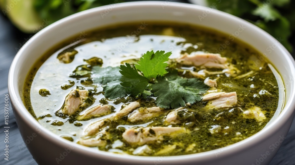 Delicious spicy slow cooker green chicken chili with fresh cilantro garnish