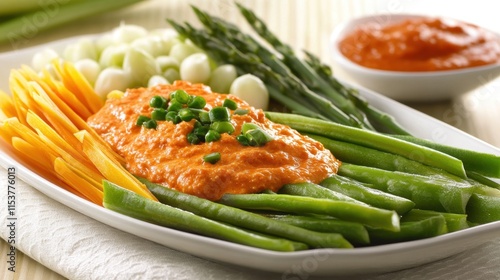 Fresh spring crudites platter with romesco sauce for seasonal gatherings photo