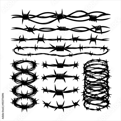 Barbed wire collection silhouette vector. Barbed wire metallic border elements, barb wire set, barb wire icon. Barbed wire fence on the border silhouette illustration