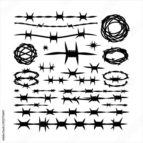 Barbed wire collection silhouette vector. Barbed wire metallic border elements, barb wire set, barb wire icon. Barbed wire fence on the border silhouette illustration