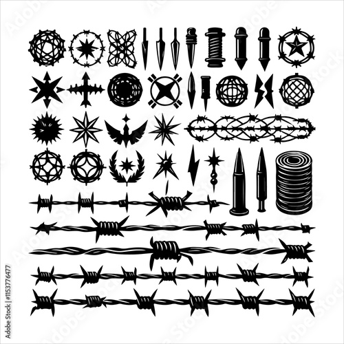 Barbed wire collection silhouette vector. Barbed wire metallic border elements, barb wire set, barb wire icon. Barbed wire fence on the border silhouette illustration