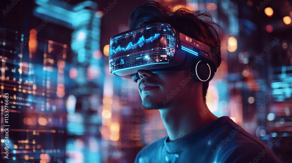 A person wearing a VR headset, immersed in a vibrant digital environment. A person wearing a VR headset, immersed in a vibrant digital environment.