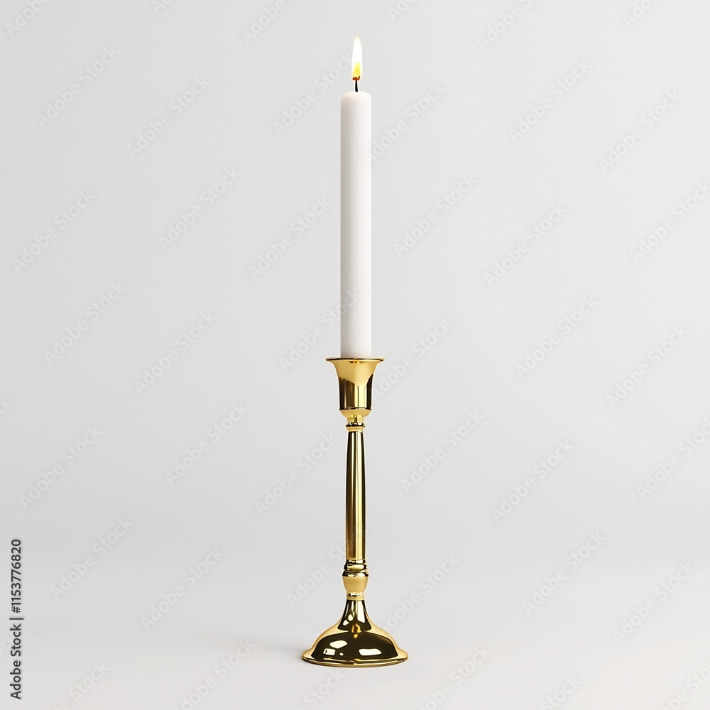 Elegant Burning Candle on Gleaming Gold Stand Against Pristine White Background Elegant Burning Candle on Gleaming Gold Stand Against Pristine White Background