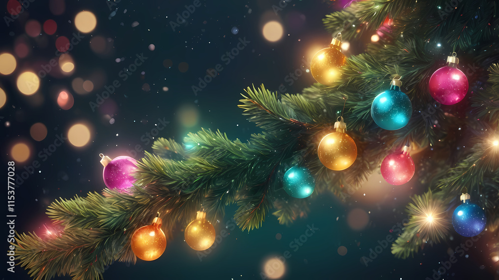 Festive Christmas Tree Branch with Glowing Ornaments Festive Christmas Tree Branch with Glowing Ornaments