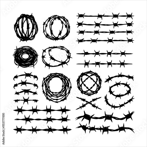 Barbed wire collection silhouette vector. Barbed wire metallic border elements, barb wire set, barb wire icon. Barbed wire fence on the border silhouette illustration