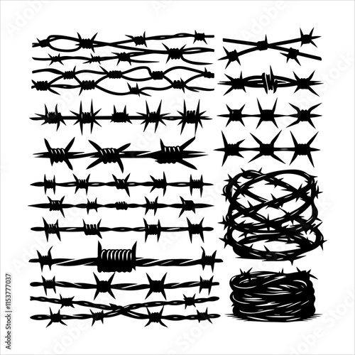 Barbed wire collection silhouette vector. Barbed wire metallic border elements, barb wire set, barb wire icon. Barbed wire fence on the border silhouette illustration