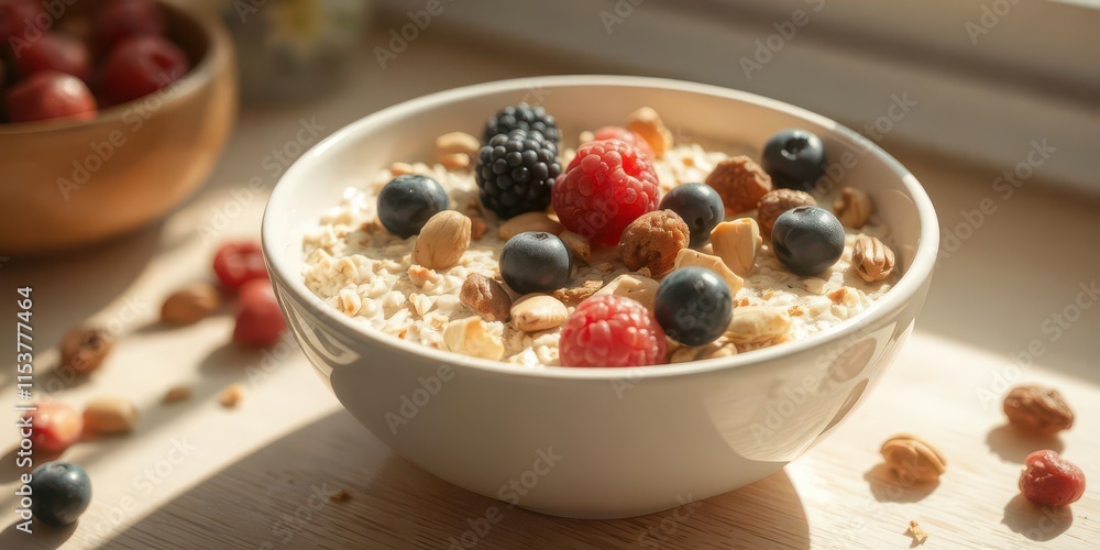 Vibrant bowl of oatmeal with berries and nuts, sunlight streaming in, food, power food, food photography props Vibrant bowl of oatmeal with berries and nuts, sunlight streaming in, food, power food, food photography props