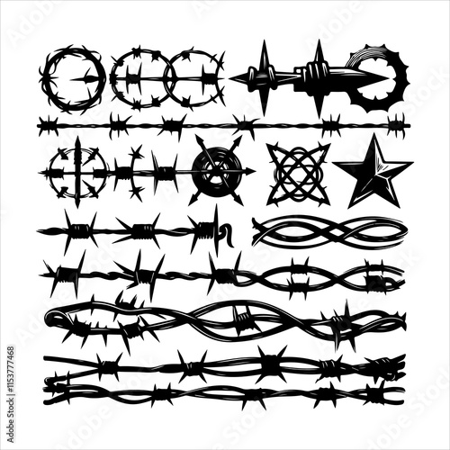 Barbed wire collection silhouette vector. Barbed wire metallic border elements, barb wire set, barb wire icon. Barbed wire fence on the border silhouette illustration
