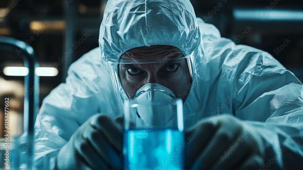 Scientist holding blue liquid in lab Scientist holding blue liquid in lab