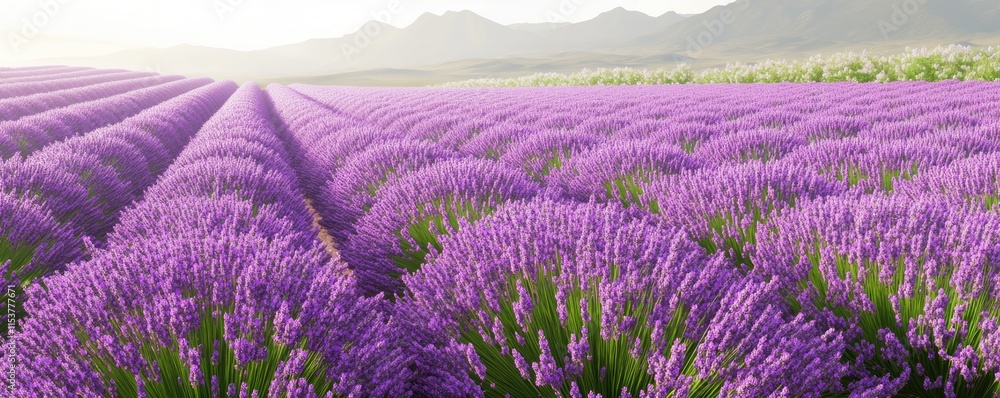 Obraz premium A vibrant lavender field stretches across the landscape, showcasing nature's beauty and tranquility.