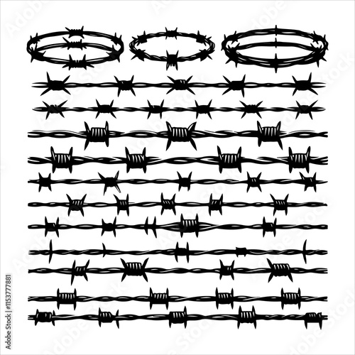 Barbed wire collection silhouette vector. Barbed wire metallic border elements, barb wire set, barb wire icon. Barbed wire fence on the border silhouette illustration