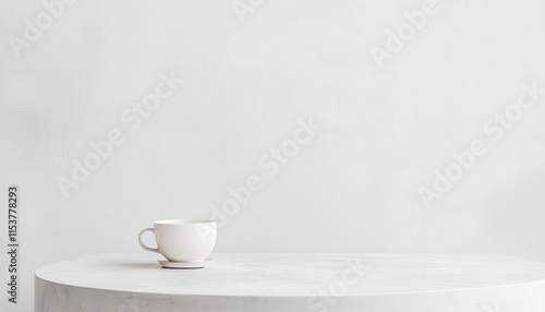 Wallpaper Mural Minimalist White Coffee Cup on Round Marble Table Against Soft Neutral Background for Modern Aesthetic Designs Torontodigital.ca