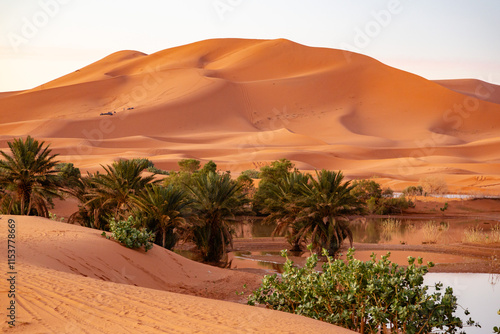 Merzouga sanddunes in the Erg Chebby desert in Morocco after heavy rainfall
