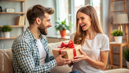 Handsome young man is giving gift box to surprised girlfriend at home
