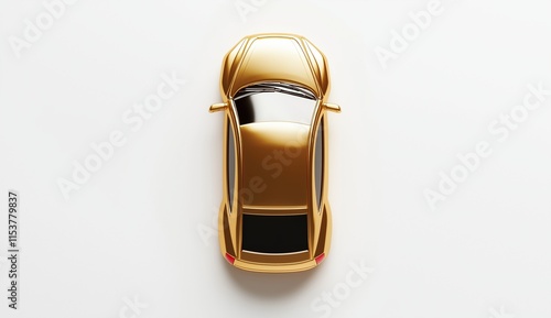 
golden child car isolated on a white background, top view. The toy spade is for playing in the garden or beach with a child, in a flat lay.
