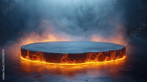 Circular snowy platform with fire base in misty winter scene.