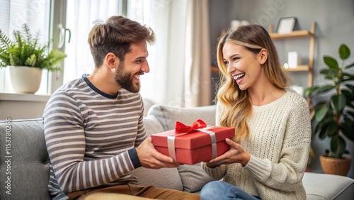 Handsome young man is giving gift box to surprised girlfriend at home
