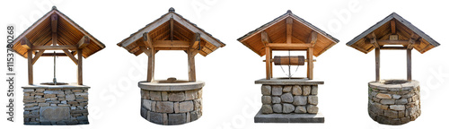 Four diverse styles of traditional stone wells with wooden roofs and detailed designs. photo