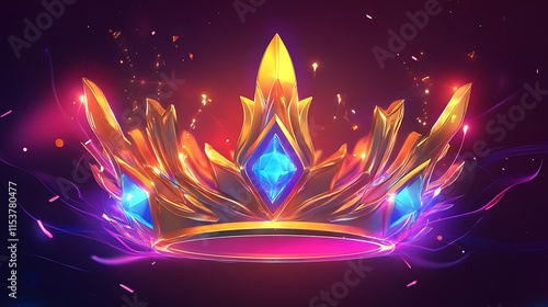 A luminous glowing crown icon with sharp golden peaks and shimmering blue gemstones over a neon purple background photo