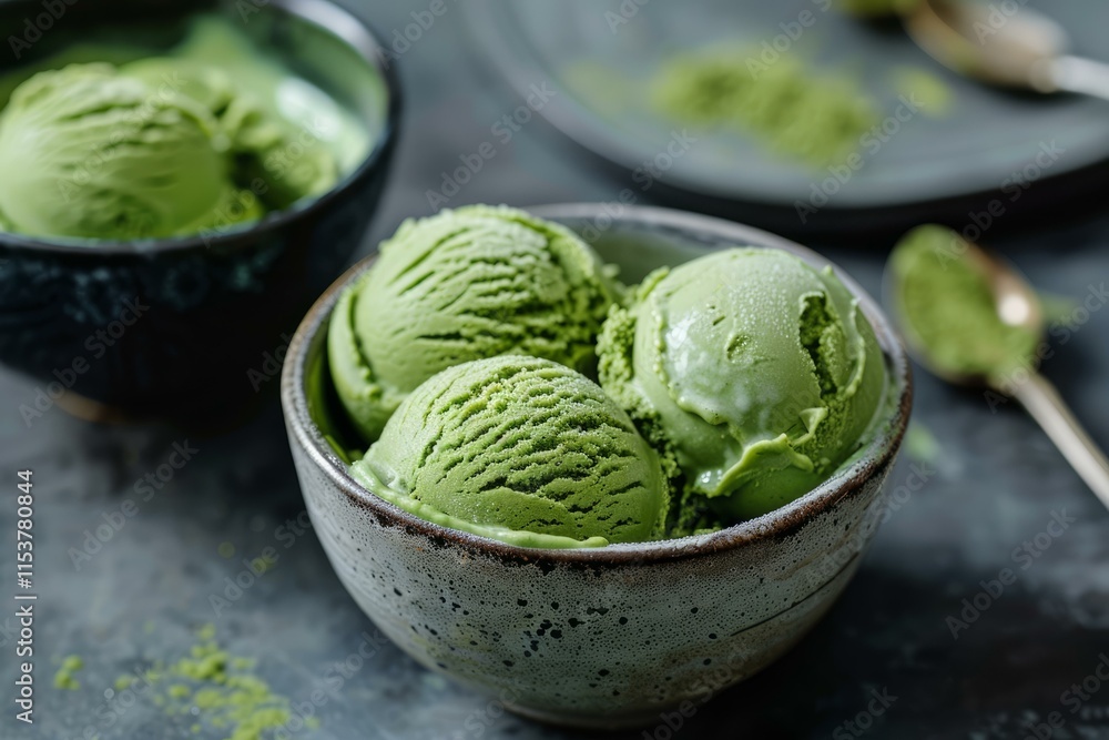 Fototapeta premium Matcha green tea ice cream scoops melting in a bowl, ready to be eaten