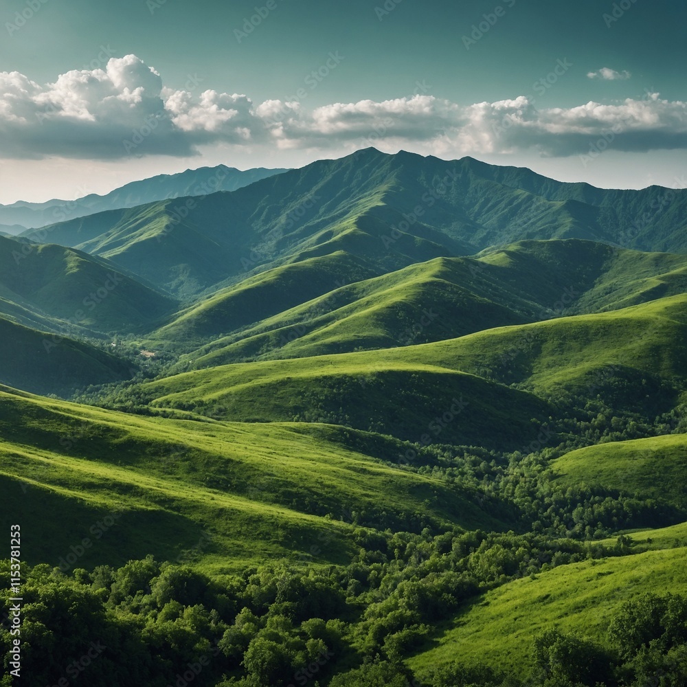 Fototapeta premium Landscape with green mountains. Mountainous terrain. Abstract nature background. Vector illustration.