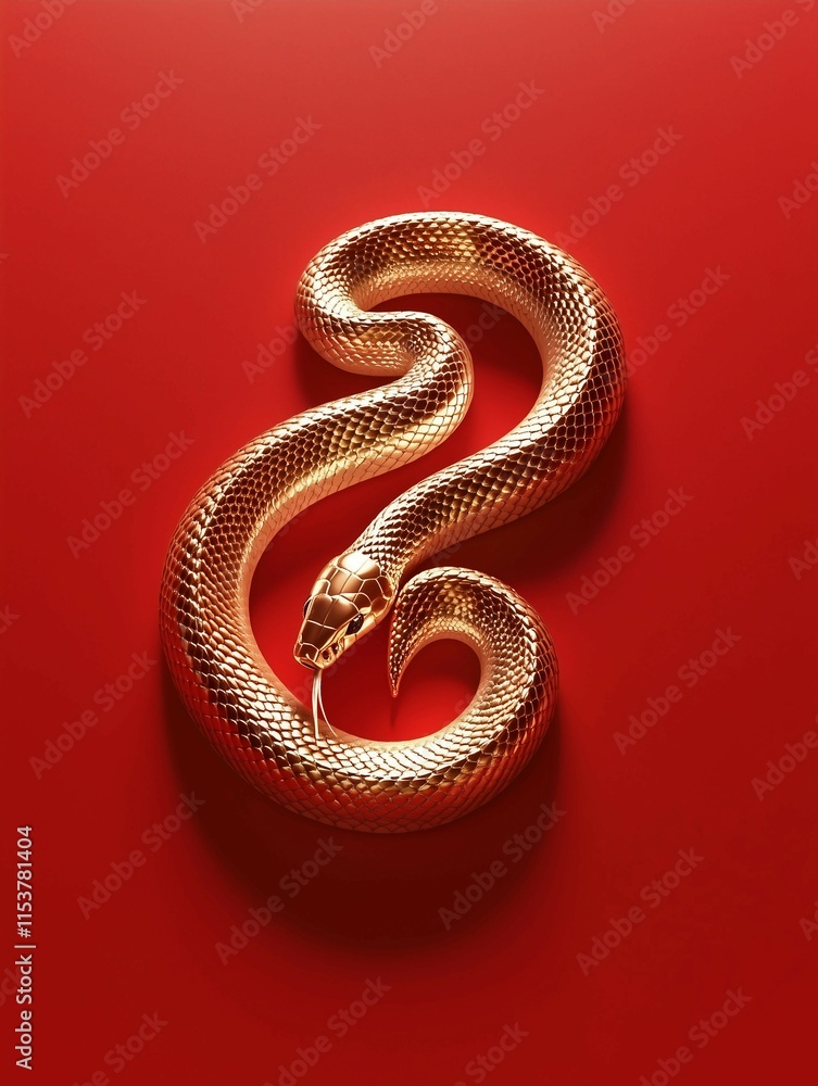 Obraz premium Golden, snake-shaped figure on red background,symmetrical composition, Chinese zodiac snake theme.