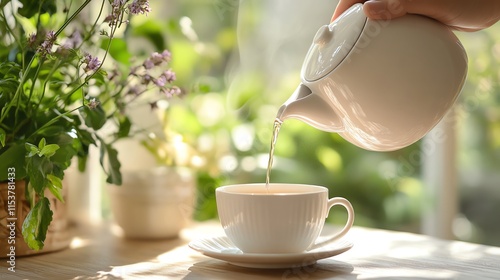 A photostock image of a hand pouring herbal tea into a ceramic cup in a calm setting.--ar 16:9 photo