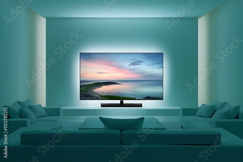 A flatscreen TV displays a serene landscape, illuminated by integrated LED bias lighting. The teal walls and ambient lighting create a calming atmosphere. photo