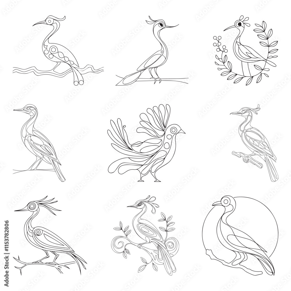 Fototapeta premium Beautiful bird sit in tree brunch colouring page