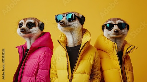 Meerkats. three people, bright fashionable outfits isolated on a solid advertising background, copy text space. photo