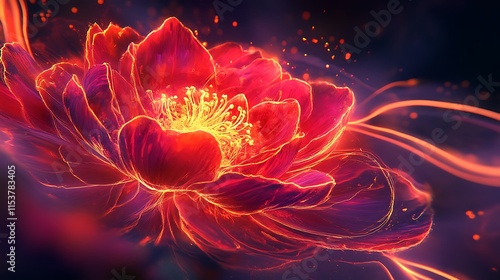 A luminous glowing rose with radiant red petals unfurling, casting soft golden light trails over a neon purple background photo