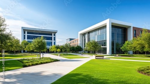 Modern architecture buildings in a landscaped corporate park under a clear blue sky