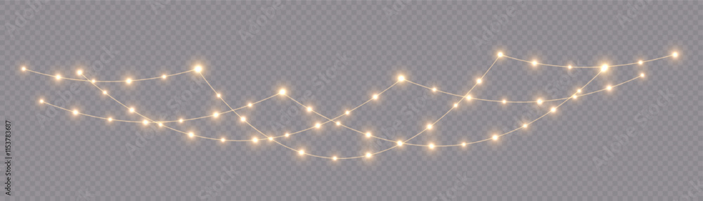 Bright garlands with a golden glow. For advertising invitations, web banners, postcards. Vector. Holidays decoration. Festive Christmas light gold garlands. LED lamp. Yellow lights on a illustration.
