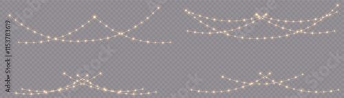 Festive Christmas light gold garlands. Festive chain of bulbs. Winter new collection 2025.  For advertising invitations, web banners, postcards. Vector. Holidays decoration. Transparent background.