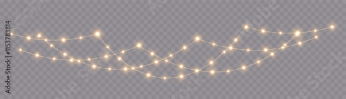 Festive Christmas light gold garlands. Festive chain of bulbs. Winter new collection 2025.  For advertising invitations, web banners, postcards. Vector. Holidays decoration. Transparent background.