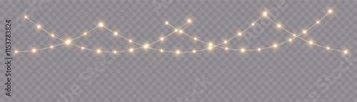 Festive Christmas light gold garlands. Festive chain of bulbs. Winter new collection 2025.  For advertising invitations, web banners, postcards. Vector. Holidays decoration. Transparent background.