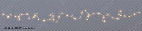 Festive Christmas light gold garlands. Festive chain of bulbs. Winter new collection 2025.  For advertising invitations, web banners, postcards. Vector. Holidays decoration. Transparent background.