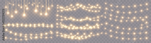 Festive Christmas light gold garlands. Festive chain of bulbs. Winter new collection 2025.  For advertising invitations, web banners, postcards. Vector. Holidays decoration. Transparent background.