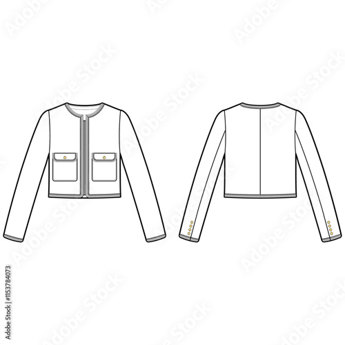 Technical flat sketch of Tweed Jacket. Long sleeve blazer crop jacket with two patch pockets and cording trim. Non-collar jacket drawing vector template.