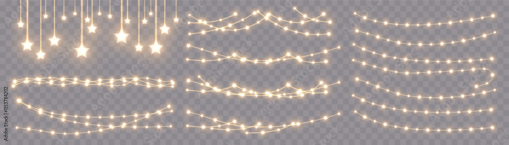 Bright garlands with a golden glow. For advertising invitations, web banners, postcards. Vector. Holidays decoration. Festive Christmas light gold garlands. LED lamp. Yellow lights on a illustration.
