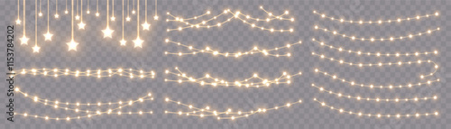 Bright garlands with a golden glow. For advertising invitations, web banners, postcards. Vector. Holidays decoration. Festive Christmas light gold garlands. LED lamp. Yellow lights on a illustration.