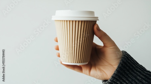 A photostock image of a hand holding a reusable coffee cup, clean white background.--ar 16:9 photo