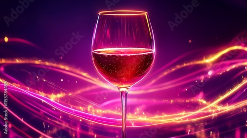 A luminous glowing wine glass with radiant red wine and golden sparkling highlights, surrounded by soft neon light trails on a vibrant purple surface photo