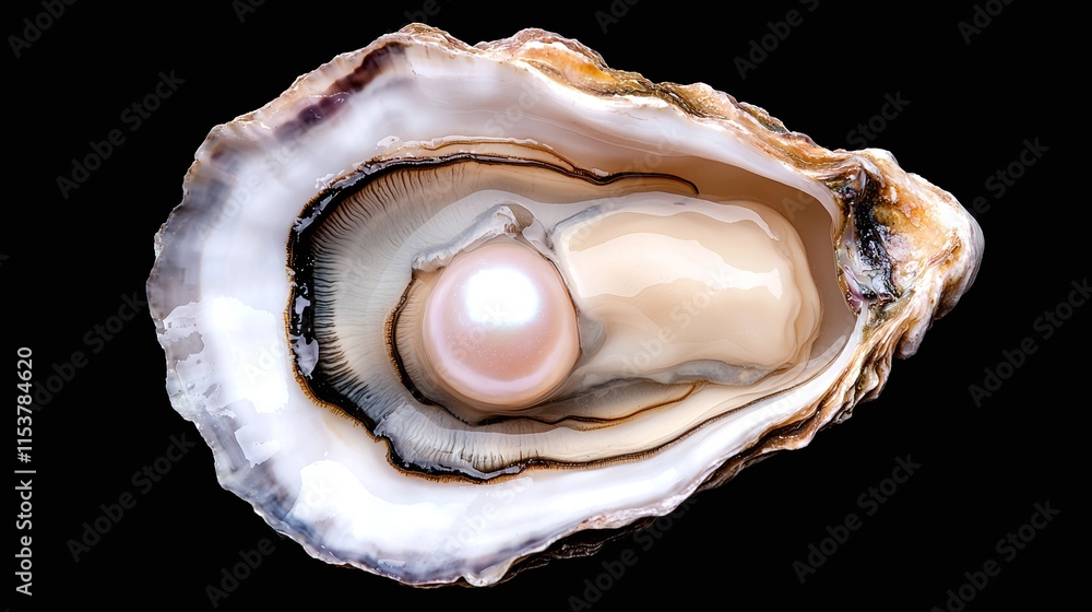 Close-up of a pearl inside an oyster shell against a black background. Close-up of a pearl inside an oyster shell against a black background.