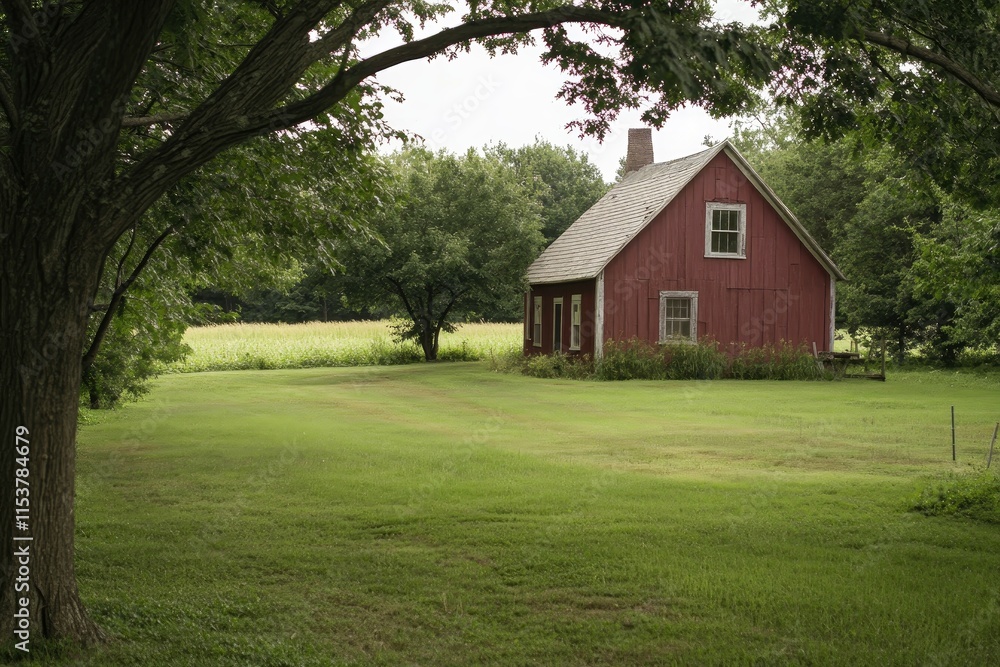 Rustic red farmhouse nestled in a verdant rural landscape. Rustic red farmhouse nestled in a verdant rural landscape.