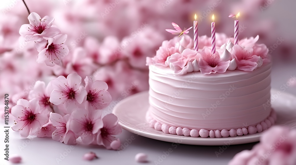 Pink birthday cake with cherry blossoms. Pink birthday cake with cherry blossoms.