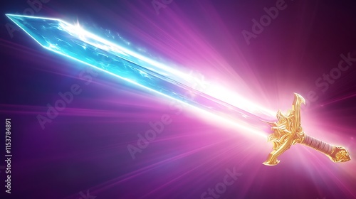 A luminous glowing sword icon with a sharp cyan blade and a golden hilt radiating soft light over a neon purple background photo