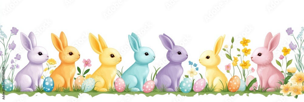 Obraz premium Colorful bunnies gather to celebrate Easter among blooming flowers and decorated eggs in a cheerful outdoor setting, embodying joy and togetherness that reflect the spirit of the holiday