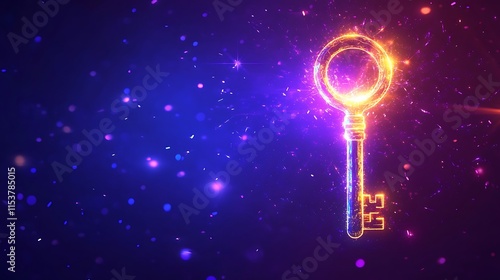 A luminous key-shaped icon emitting golden and cyan light, surrounded by subtle sparks on a neon purple background photo